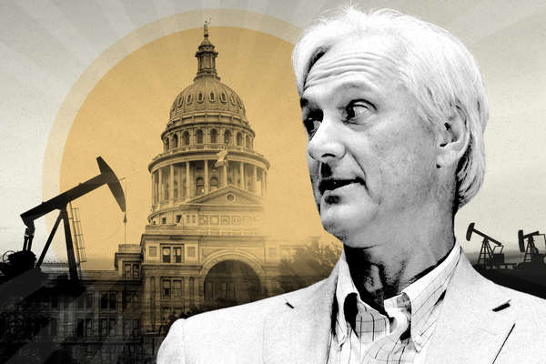 Photo collage of Tim Dunn with the Texas state capitol building and oil pumpjacks