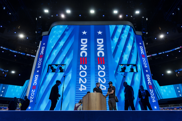 Workers prepare for next week's Democratic National Convention at the United Center in Chicago.