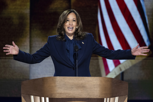 Vice President and Democratic presidential nominee Kamala Harris speaks during the last night of the Democratic National Convention at the United Center in Chicago on Aug. 22, 2024. 