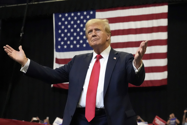 Republican presidential nominee former President Donald Trump arrives to speak at a campaign rally in Bozeman, Mont., Aug. 9, 2024. 