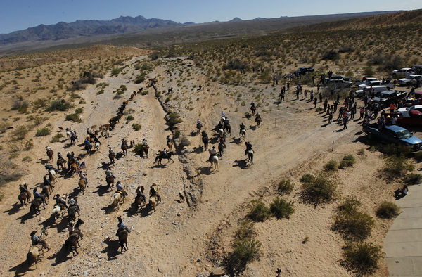 The Bundy family and their supporters drive their cattle back onto public land outside Bunkerville, Nevada.