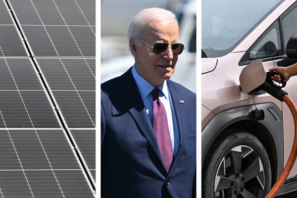 Men working on solar installation, President Biden, driver charges his electric vehicle