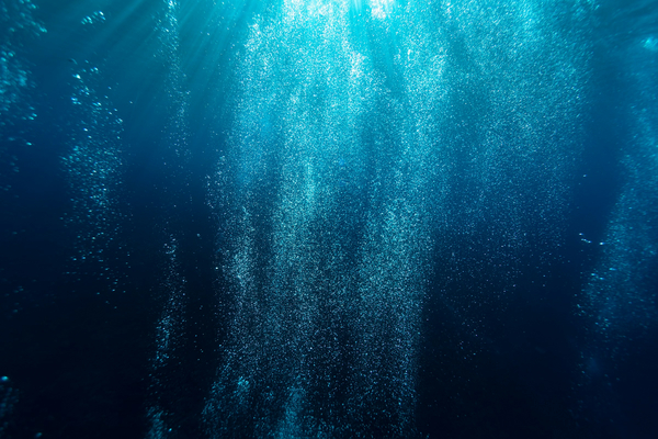 A flurry of air bubbles from scuba divers, 20m below the surface, Kailua-Kona, Hawaii.