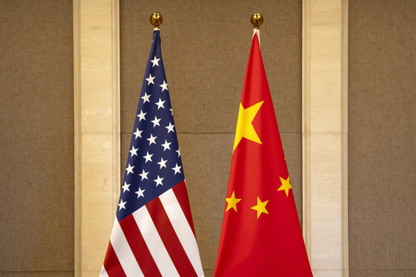 U.S. and Chinese flags are set up at the Diaoyutai State Guesthouse in Beijing on July 8, 2023