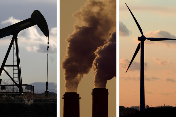 pumpjack, smokestacks, wind turbine