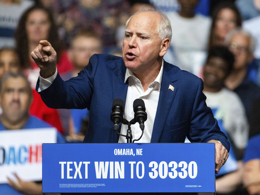 Democratic vice presidential nominee Minnesota Gov. Tim Walz speaks at a campaign rally on Saturday in La Vista, Nebraska.